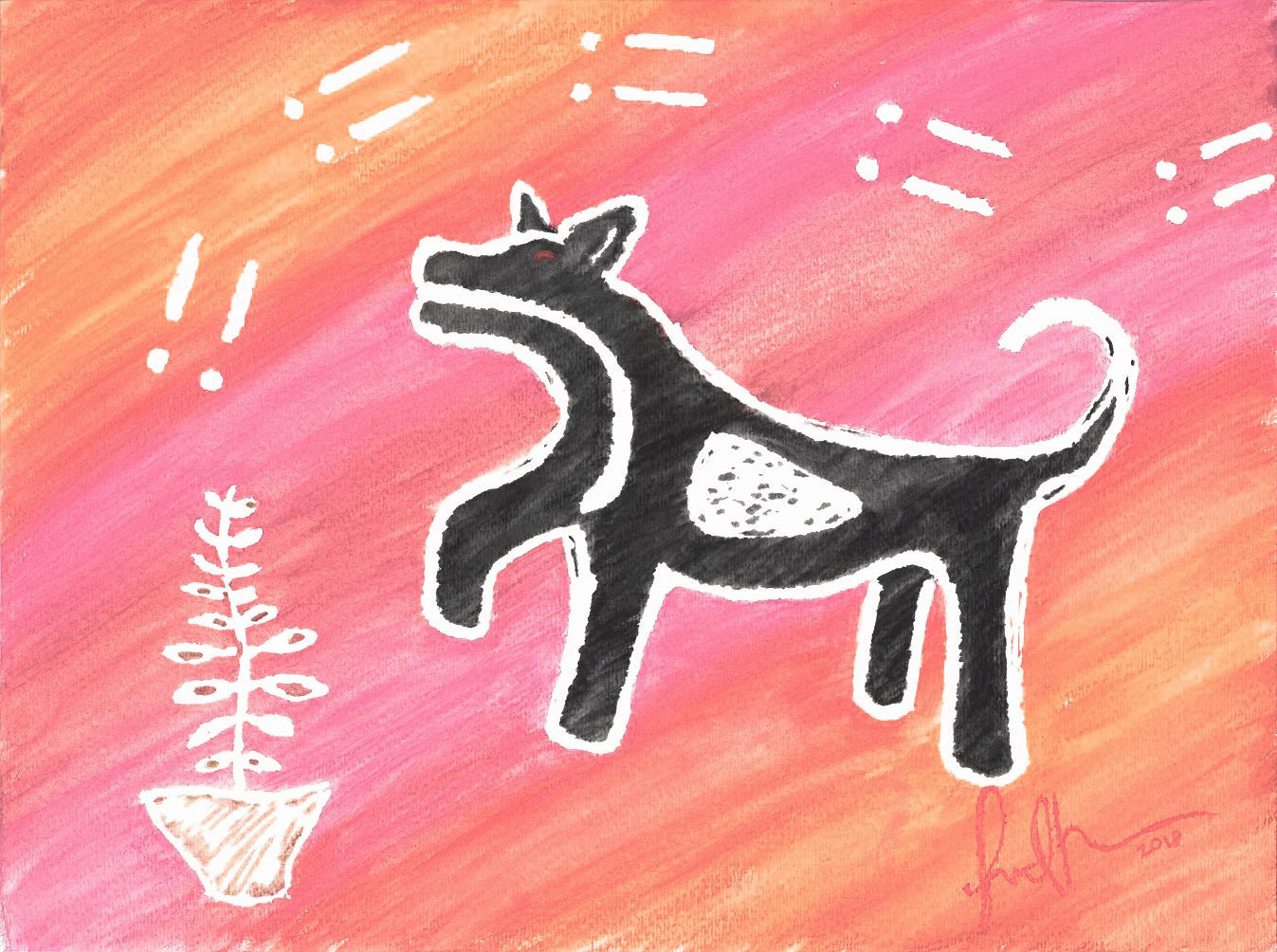 Black petroglyph dog on a pink and orange watercolor background