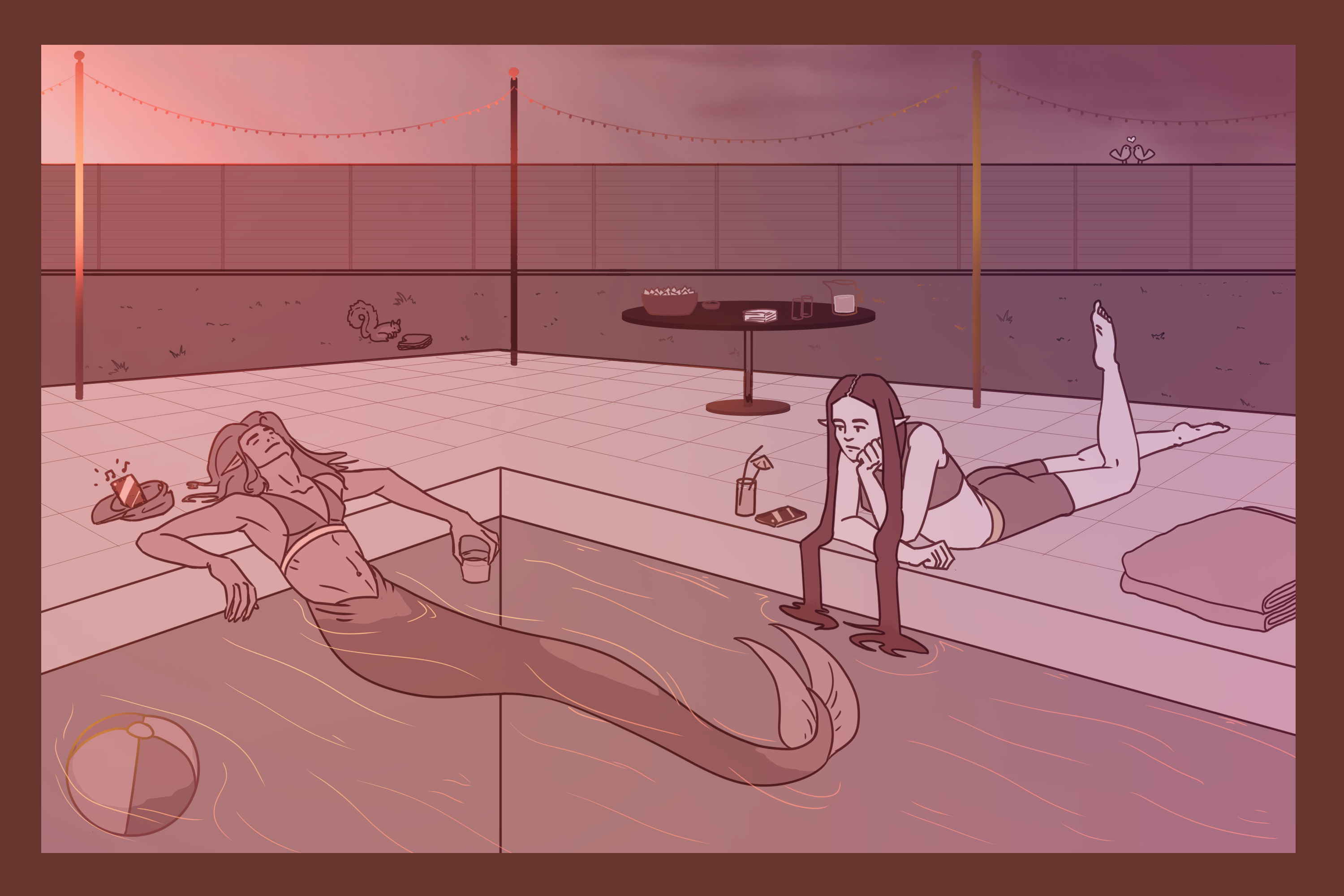 Monochrome Pink - two mermaids relax in a pool