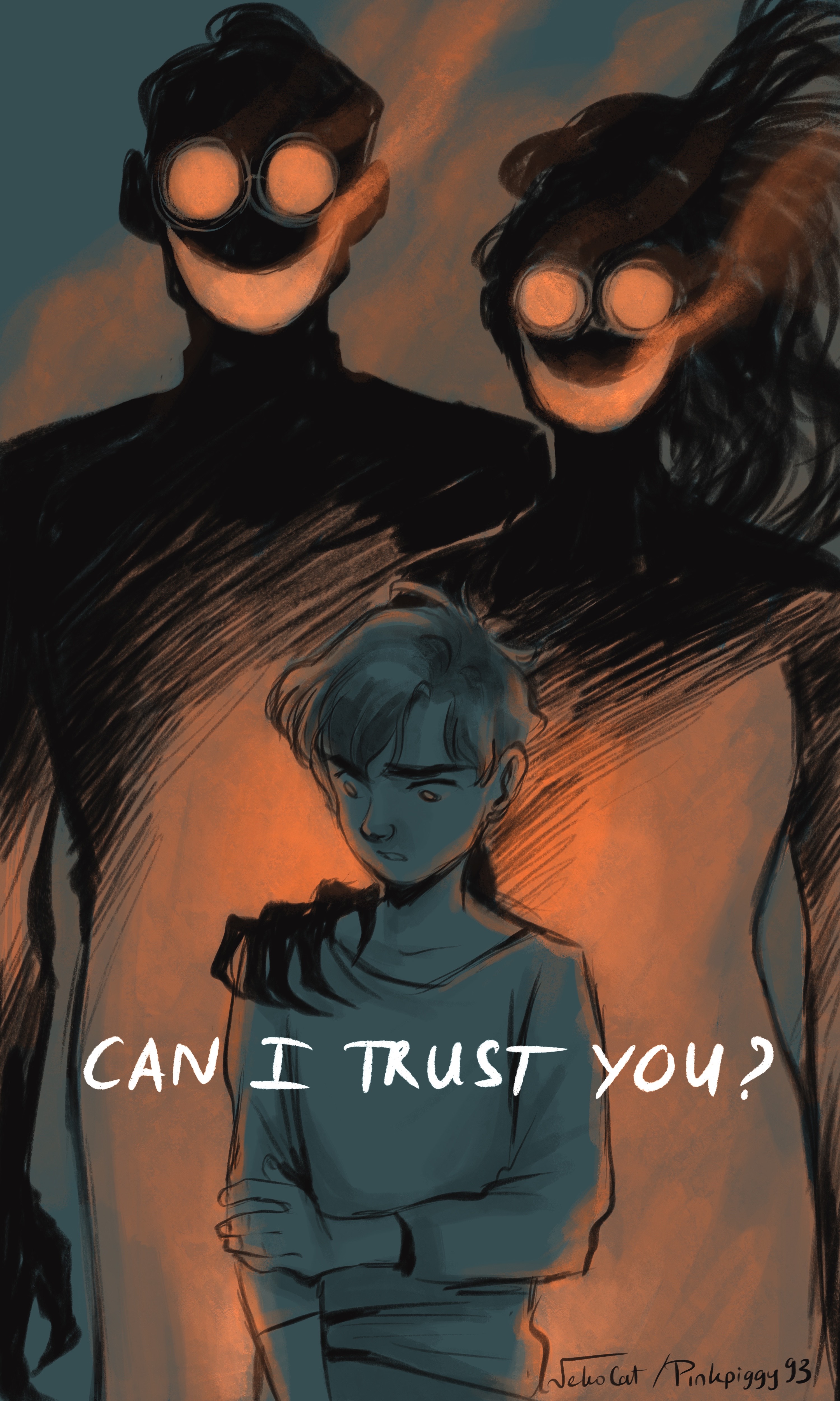 Two creepy smokey shadows loom over a child. White text reads "Can I trust you?"