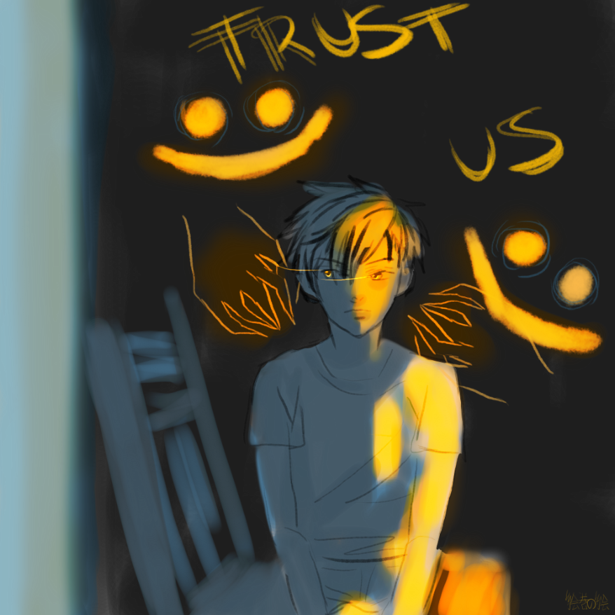A  child sits in a chair with lurking shadows behind saying "trust us"