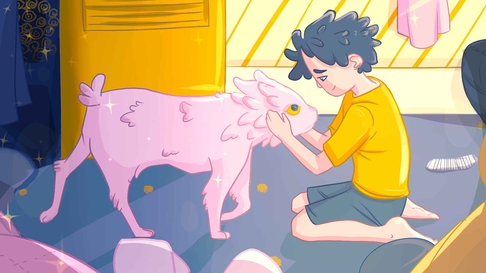 A small boy pets a magical creature in his room
