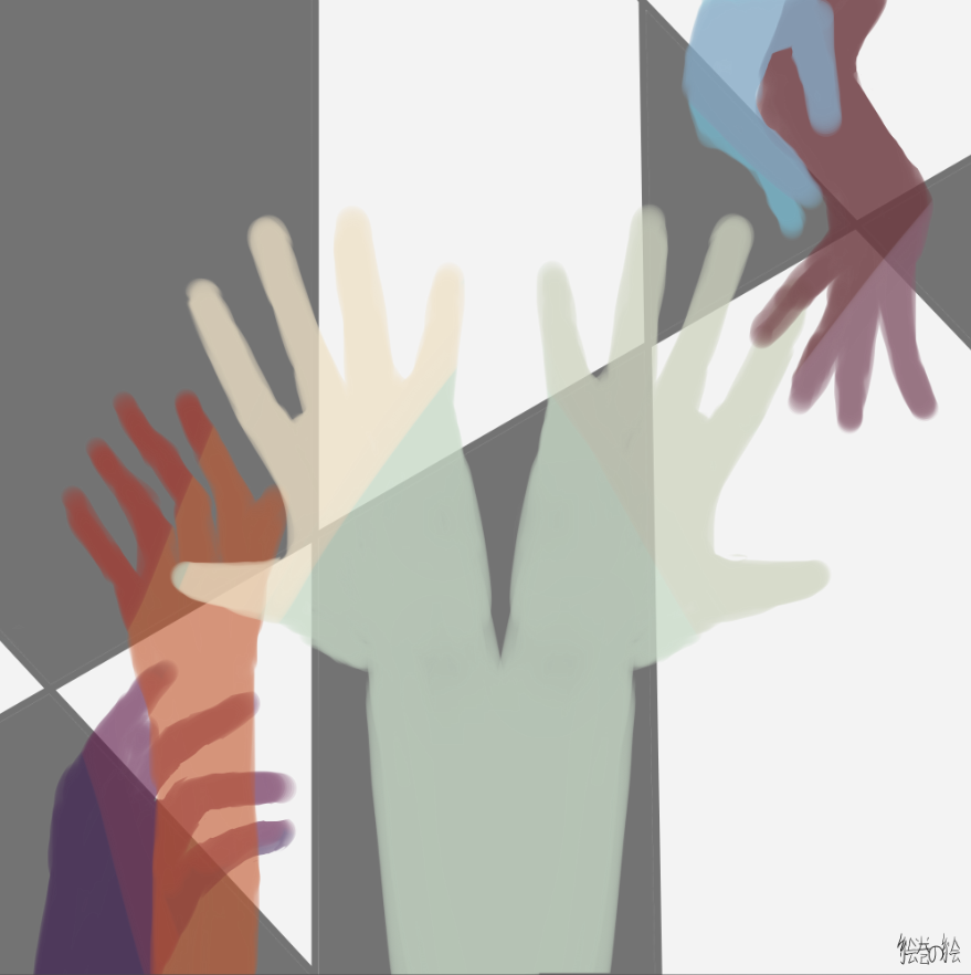 Different colored hand silhouettes pointing in different directions
